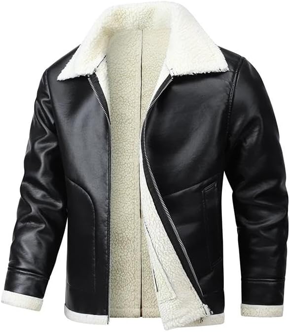 Men's Slim Fit Motorcycle PU Leather Jacket – Fleece & Fur Lined Lapel Zipper Bomber Coat