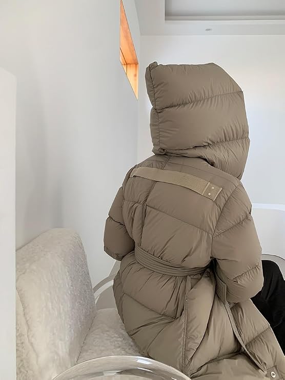 Women's Down Jacket Long Knee Length Hood Loose Warm and Thick Autumn/Winter Gray Coat with Belt