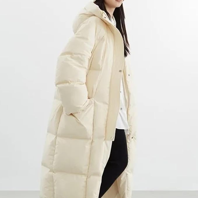 Women’s Mid-Length Goose Down Jacket Thickened Warm Hooded Winter Coat for Outdoor Sports and Hiking