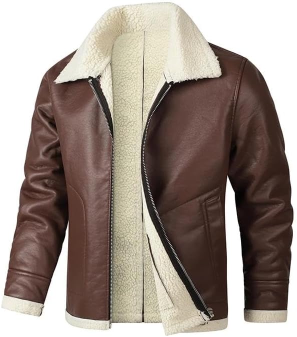 Men's Slim Fit Motorcycle PU Leather Jacket – Fleece & Fur Lined Lapel Zipper Bomber Coat