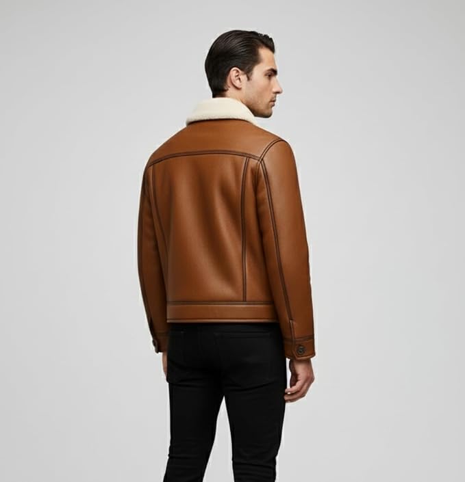 Men’s Real Sheepskin Leather B3 Bomber Jacket, Brown Aviator Shearling Coat, Warm Winter Outerwear with Fur Collar