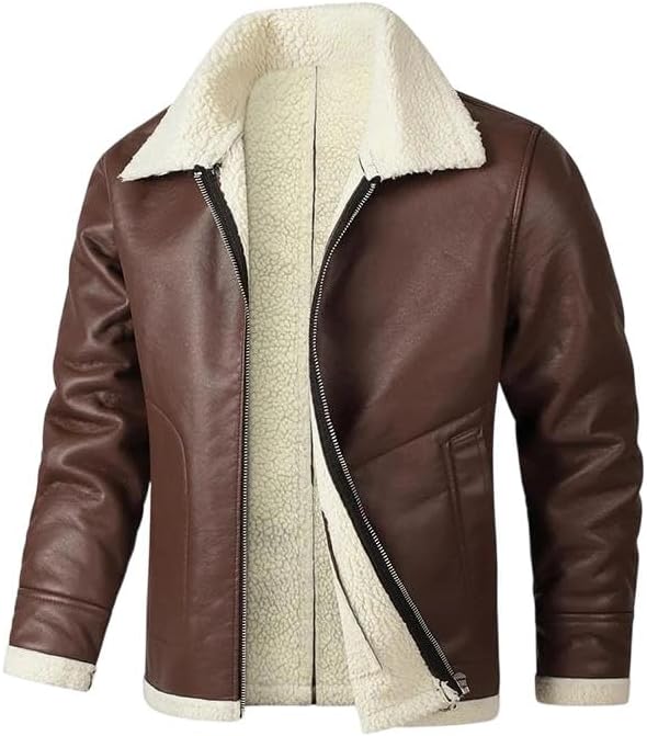 Men's Slim Fit Motorcycle PU Leather Jacket – Fleece & Fur Lined Lapel Zipper Bomber Coat