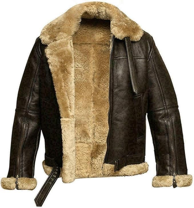 Hifa Man's RAf Aviator B3 Pilot Military Bomber Flight Shearling Brown Real Sheep Skin Winter Warm Leather Jacket