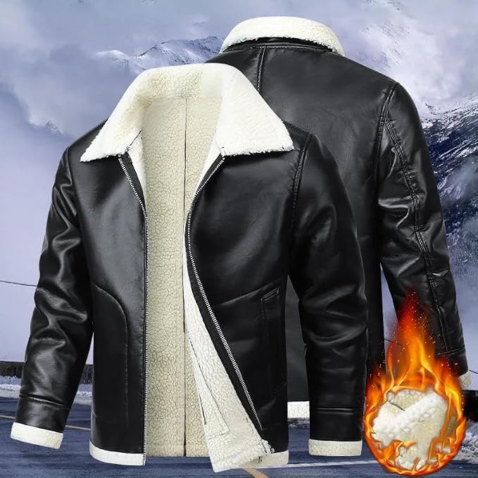 Men's Slim Fit Motorcycle PU Leather Jacket – Fleece & Fur Lined Lapel Zipper Bomber Coat