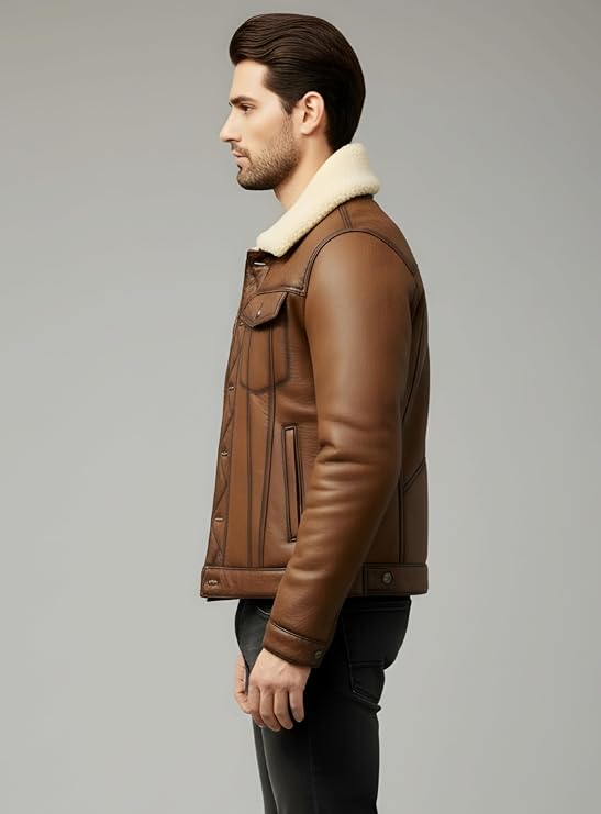 Men’s Real Sheepskin Leather B3 Bomber Jacket, Brown Aviator Shearling Coat, Warm Winter Outerwear with Fur Collar