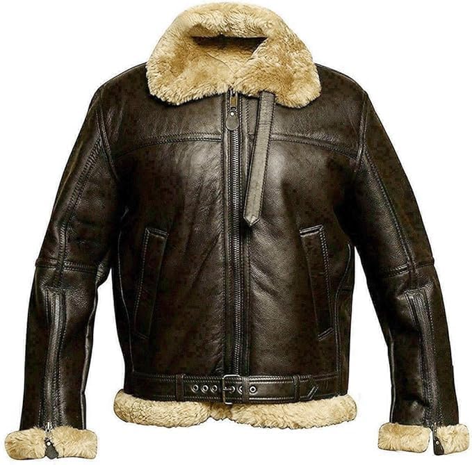 Hifa Man's RAf Aviator B3 Pilot Military Bomber Flight Shearling Brown Real Sheep Skin Winter Warm Leather Jacket