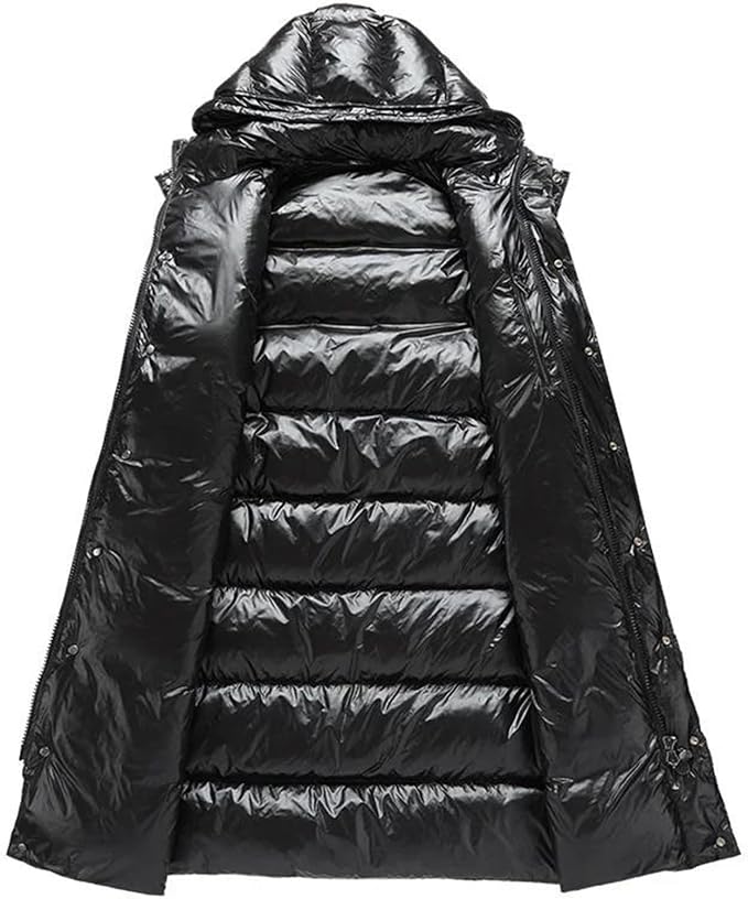 Men's Down Jacket Hooded Winter Coat Fashion Long White Duck Down Parka Black Glossy Thick Warm Outerwear