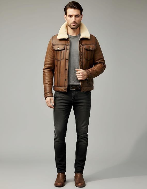Men’s Real Sheepskin Leather B3 Bomber Jacket, Brown Aviator Shearling Coat, Warm Winter Outerwear with Fur Collar