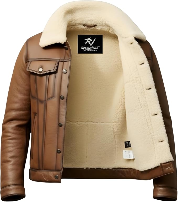 Men’s Real Sheepskin Leather B3 Bomber Jacket, Brown Aviator Shearling Coat, Warm Winter Outerwear with Fur Collar
