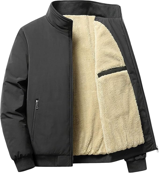 DGHM-JLMY Men's Casual Loose Plush Sherpa Jacket – Heavyweight Fleece Stand Collar Warm Lined Winter Coat