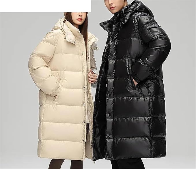 Men's Down Jacket Hooded Winter Coat Fashion Long White Duck Down Parka Black Glossy Thick Warm Outerwear
