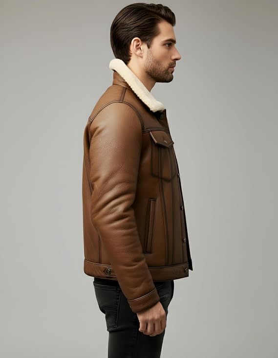 Men’s Real Sheepskin Leather B3 Bomber Jacket, Brown Aviator Shearling Coat, Warm Winter Outerwear with Fur Collar