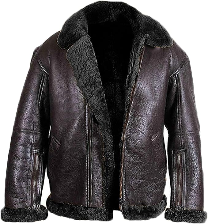 Men's Shearling Bomber Sheepskin Leather Jacket – Warm Fleece Lined Aviator Coat & Faux Leather PU Jacket